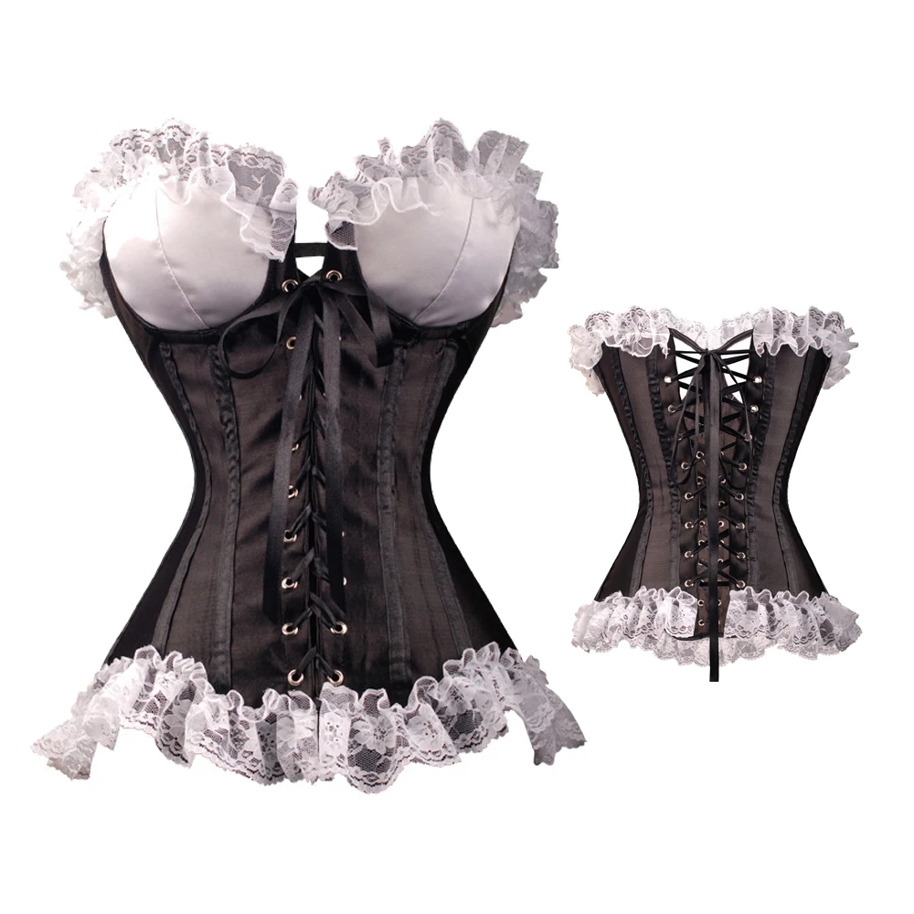 Black Sexy Women Ruffled Corset Gothic Bustier Halloween Costume Lace Up Lingerie Overbust Top Body Shaper Waist trainer