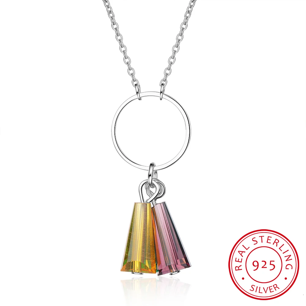 New Fashion Circle Tassels 925 Sterling Silver Jewelry Female Colorful Fan Shaped Crystal  Pendant Necklace