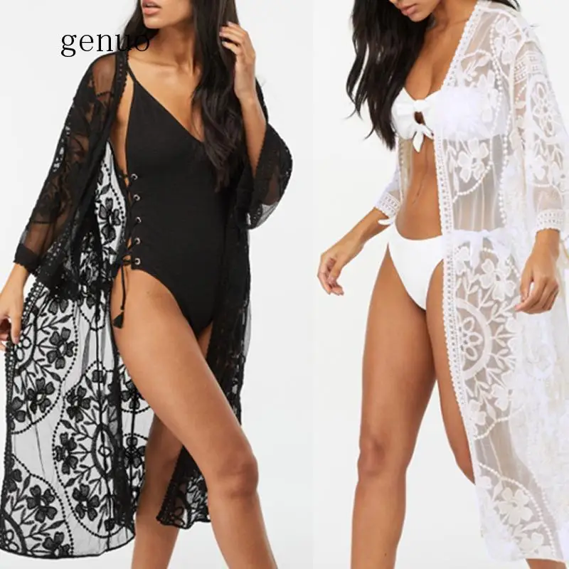 

Black White Embroidery Mesh Beach Casual Dress Women Sexy Summer Holiday Dress Vestidos Sarong Pareo Playa Lace Ladies Dress