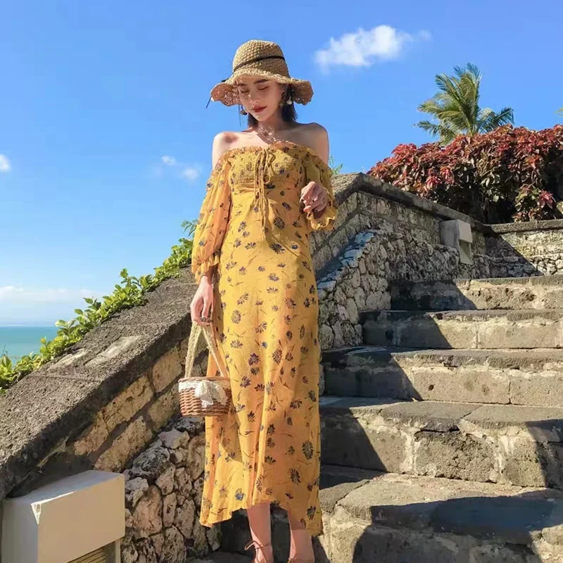 

Chiffon Beach Dresses 2020 Bohemian Dress For Women Off Shoulder Ruffle Vintage High Waist Long Boho Chic Dress Summer DD2492
