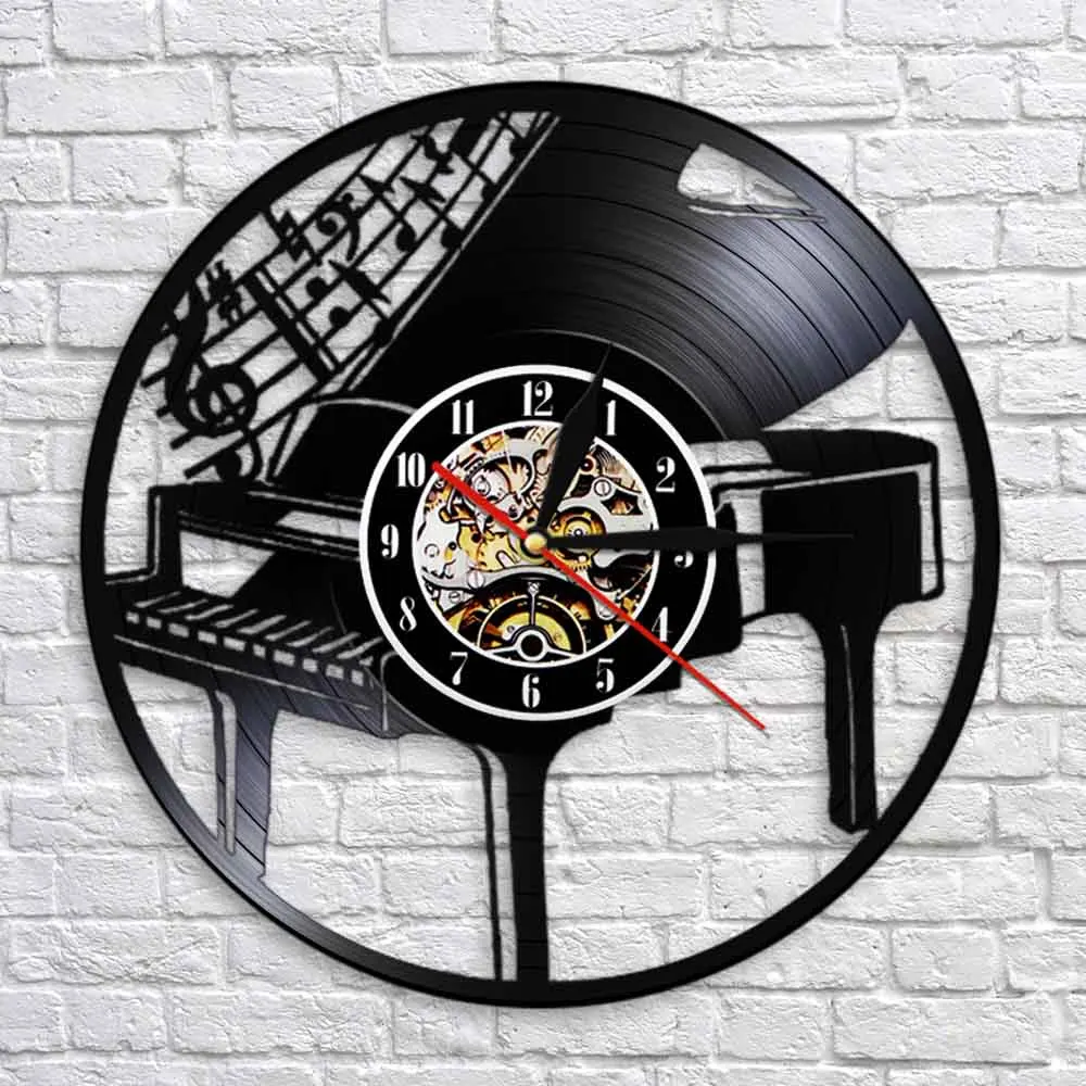 Piano With Music Notes Art Wall Decor Vinyl Record Wall Clock Personality Art Decorative Watches Unique Gift For Piano Lover