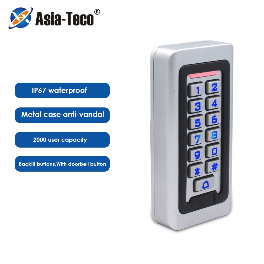 

2000 User Backlight RFID Door Access Control System wiegand 26/34 IP67 Waterproof Metal Keypad Proximity Card Standalone DC12V