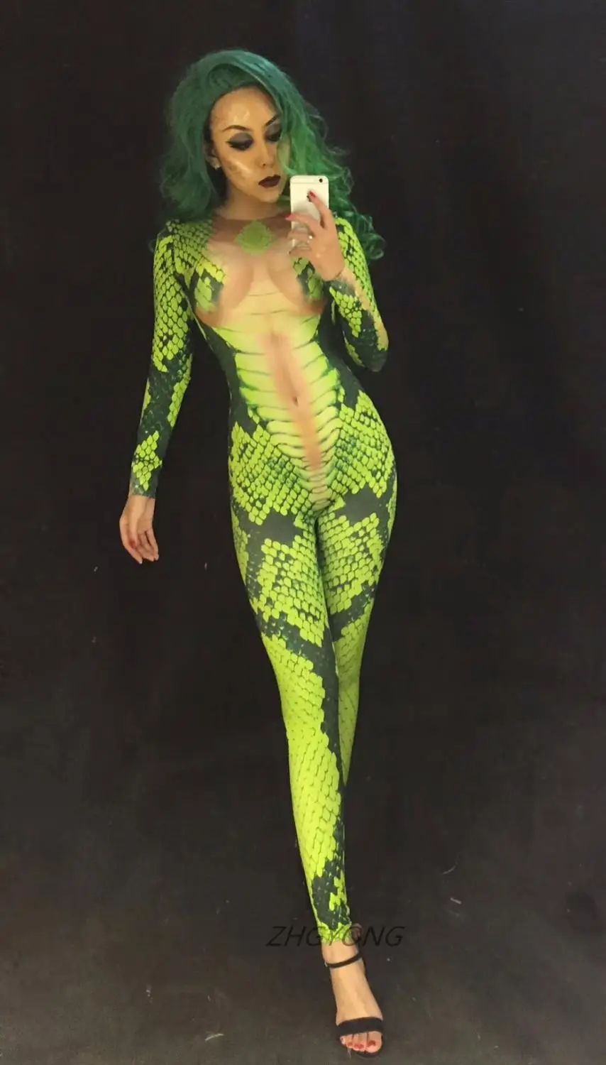 Snake tattoo jumpsuit 3D Printing leotard elastic rompers Nightclub singer dancer performance clothing Role costumes