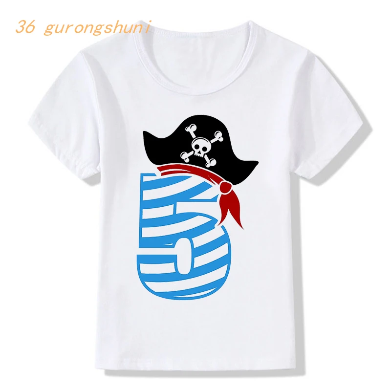 Camiseta con estampado de calavera pirata para niño y niña, camisa con estampado de feliz cumpleaños, 7, 8 y 9 años