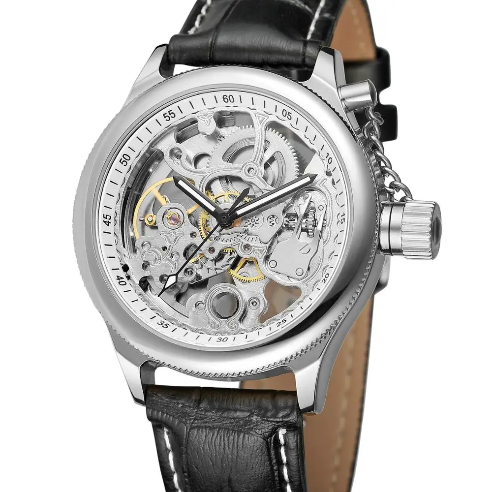 

FOESINING Fashion casual men's watch silver round case and dial black leather strap automatic mechanical watch holiday gift