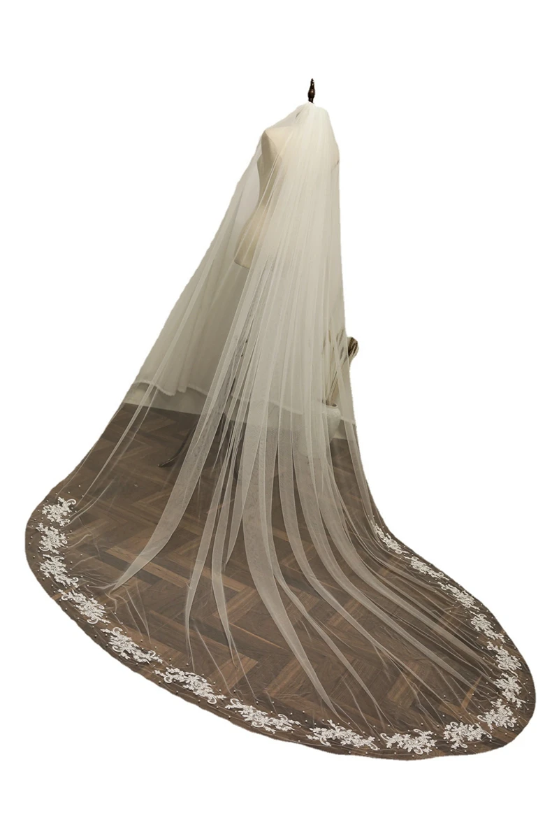 New Arrival 3M White Ivory Wedding veils Lace Pearl Veil wedding accessories Bride Velos de novia Boda Bridal veil