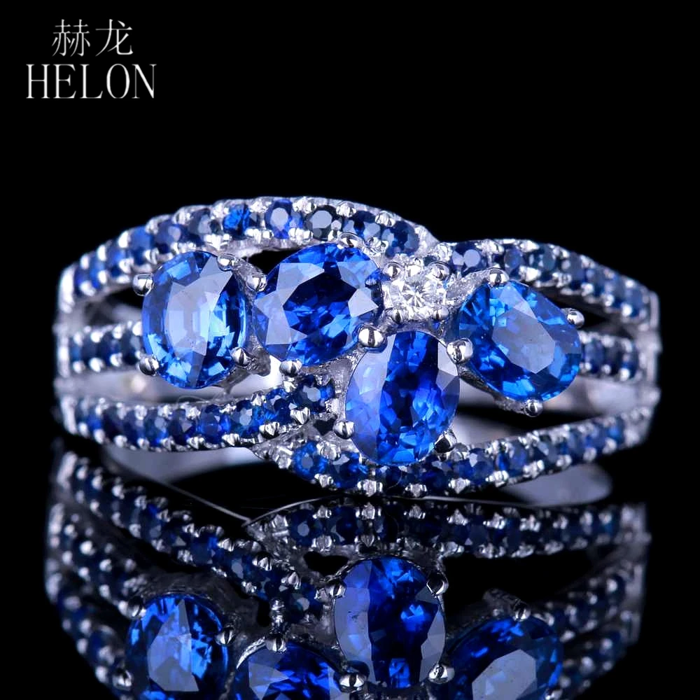 

HELON Sterling Silver 925 1.75ct 100% Genuine Natural Sapphires Diamonds Women Trendy Fine Jewelry Engagement Wedding Ring Gift