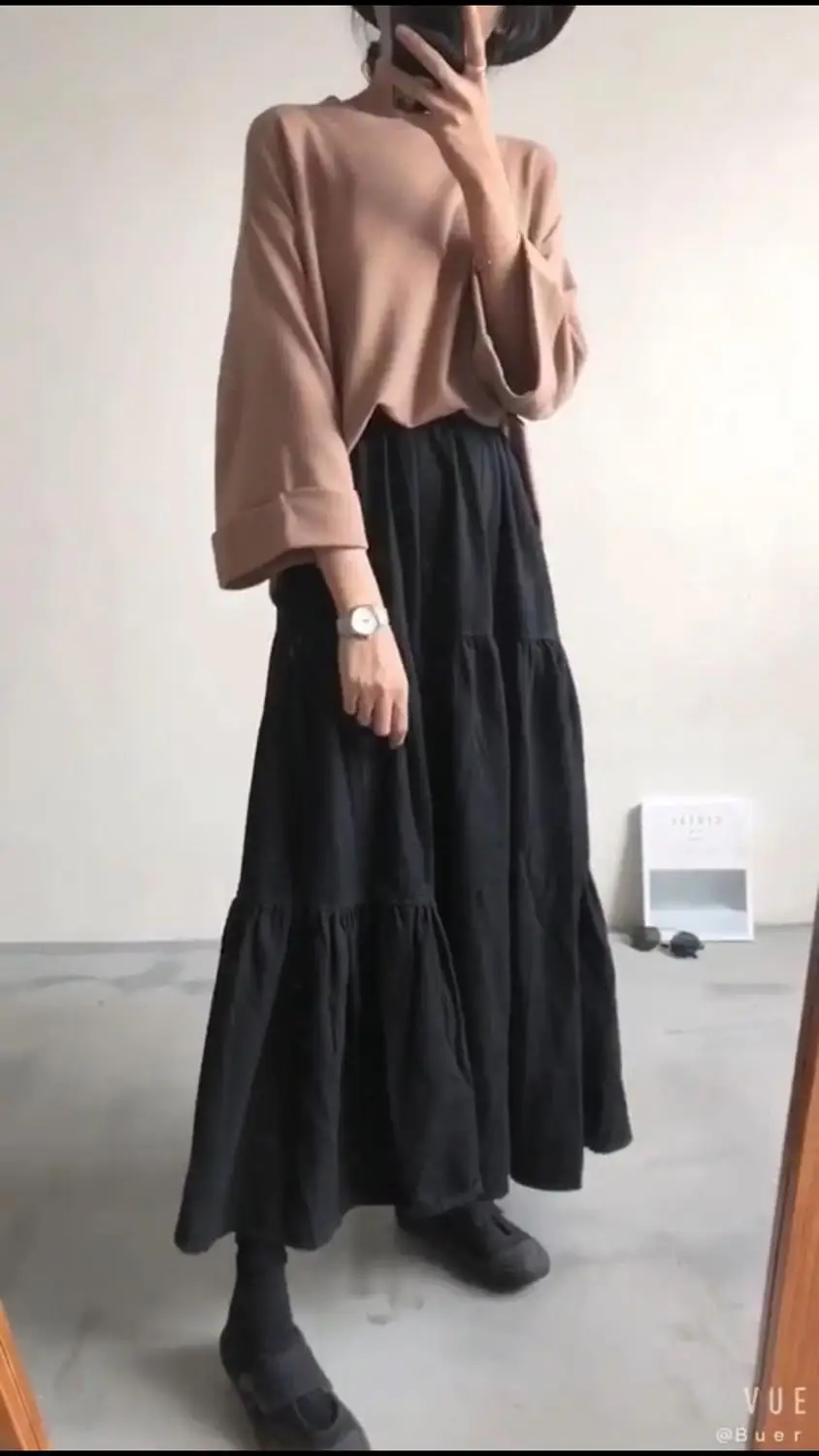 Elastische taille lange maxi-rok voor dames, A-lijn zwarte rokken, all-match vintage jeans, lentedenim, nieuwe mode, 2024