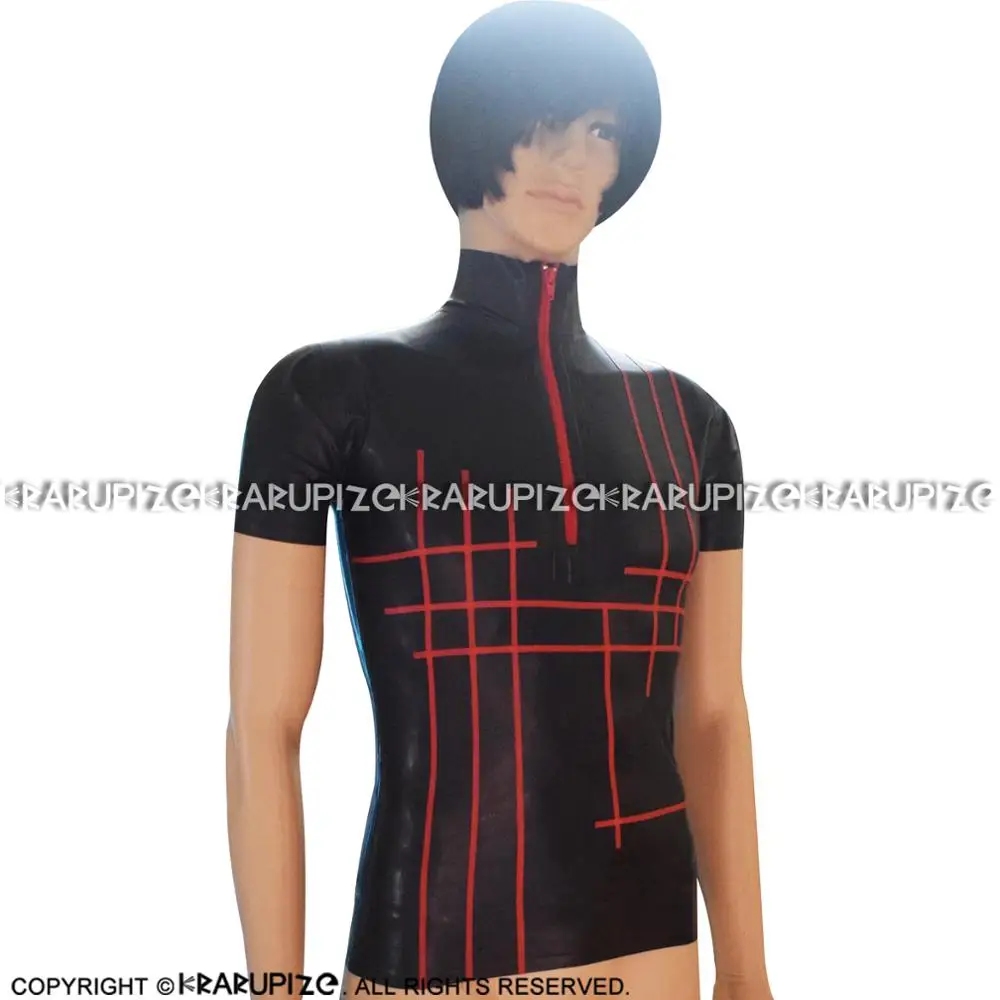 Black And Red Cross Trims Sexy Latex Shirt With Short Sleeves Rubber Tee Top Clothings YF-0122