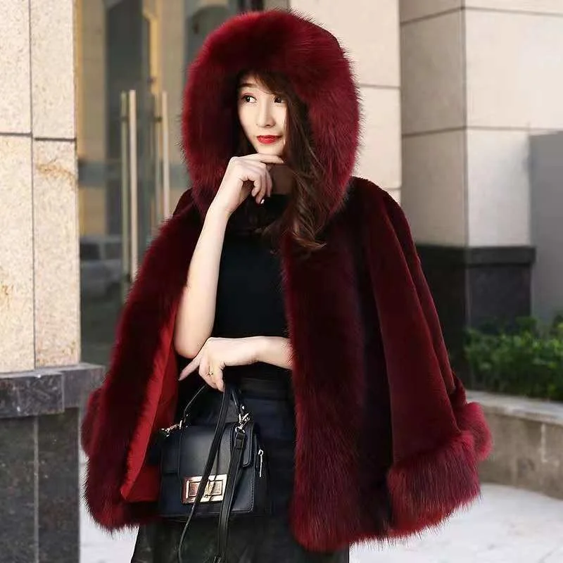 Faux Fur Coat Fur Collar Hooded Jackets For Women Cape 2021 Winter Poncho Harajuku Loose Patchwork Shawl Fausse Fourrure Cloak