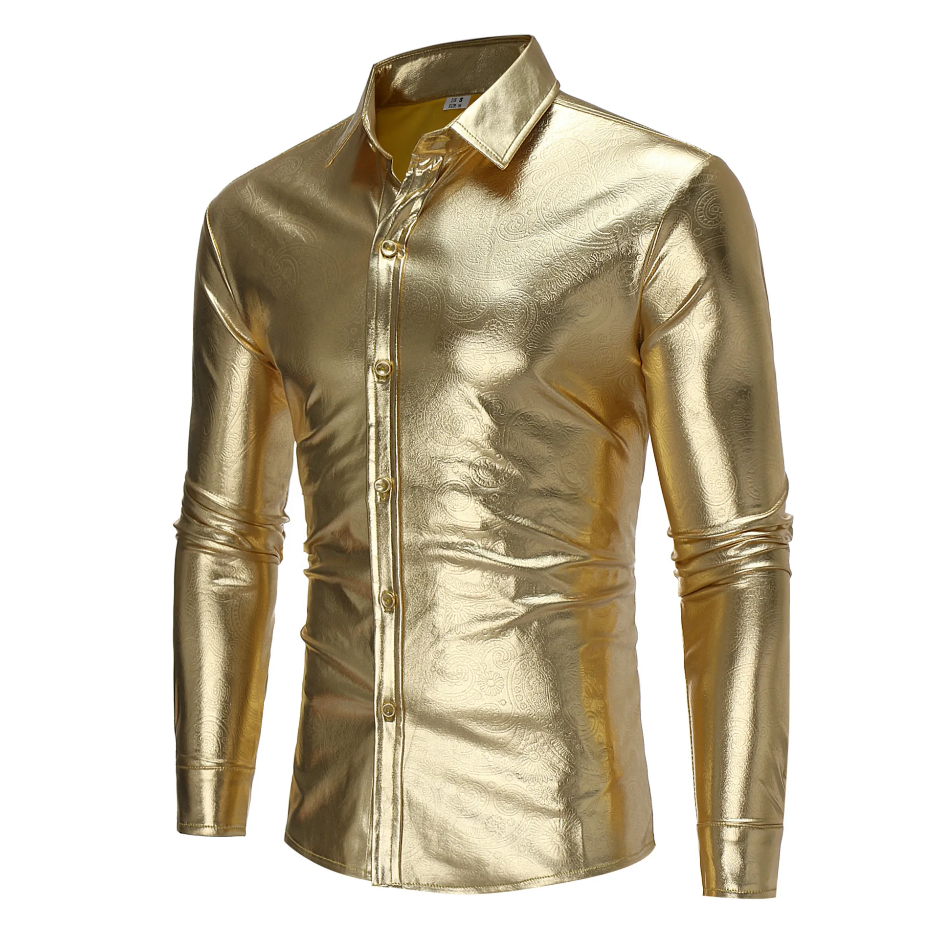 

Winter Autumn Men Leather Shirt Nightclub Costume Coated Metallic Silver Gold Black Men Shirt Long Sleeve Button Down Camisa