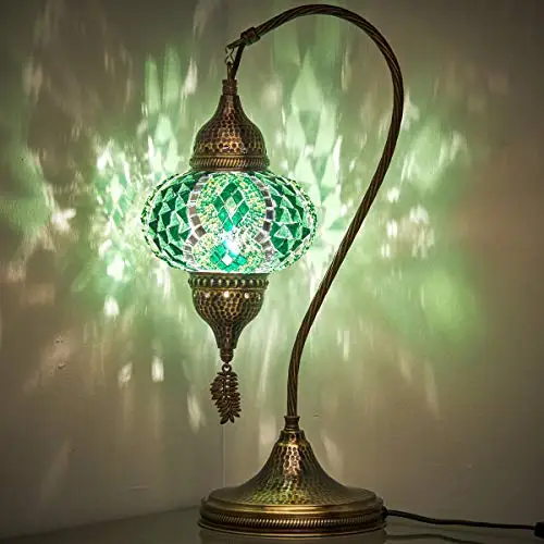 English Moroccan Tiffany Style Handmade Colorful Mosaic Table Desk Bedside Night Swan Neck Lamp Light Lampshade, Green, 19