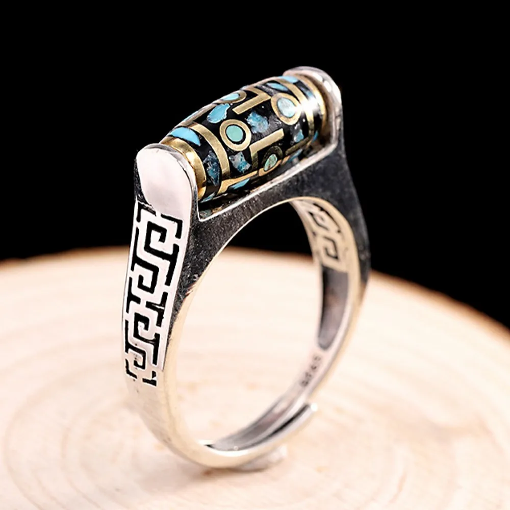 BOCAI New s925 sterling silver man ring simple Buddhism and Taoism unisex good luck rotatable dzi ring for man