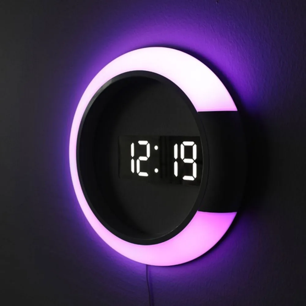 RGB LED Wall Light Digital Clock Alarm Mirror Hollow Wall Clock Bedroom Atmosphere Night Light for Home Living Room Decor Lights