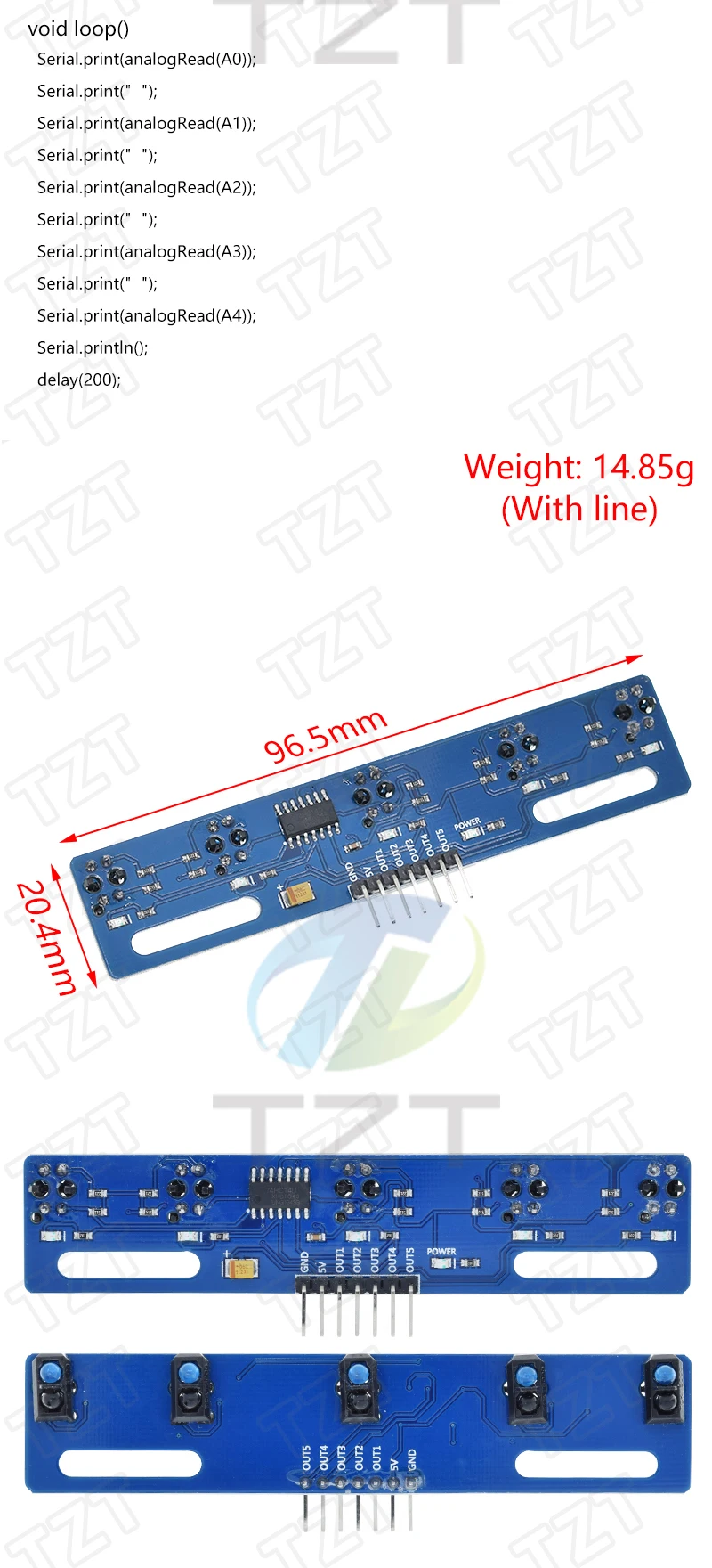 MH-ET LIVE 5-Kanal-Infrarot-Reflexionssensoren TCRT5000 KIT 5-Wege/Straßen-IR-Fotoelektrischer Schalter Barriere-Linien-Spurmodul – Detail 2