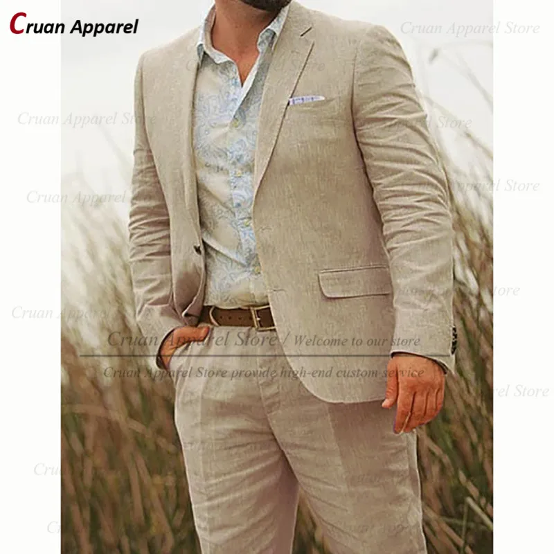 

Classic Designs Summer Linen Men Suits Custom Slim fit Beach Wedding Groomsman Groom Suit Set Business Beige Blazer Pants 2Pcs