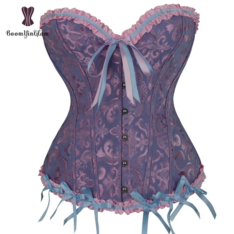 Brown Dark Blue  Steampunk Korset Women Lingeries Dance Wearing Costumes Floral Lace Up Boned Corset Top