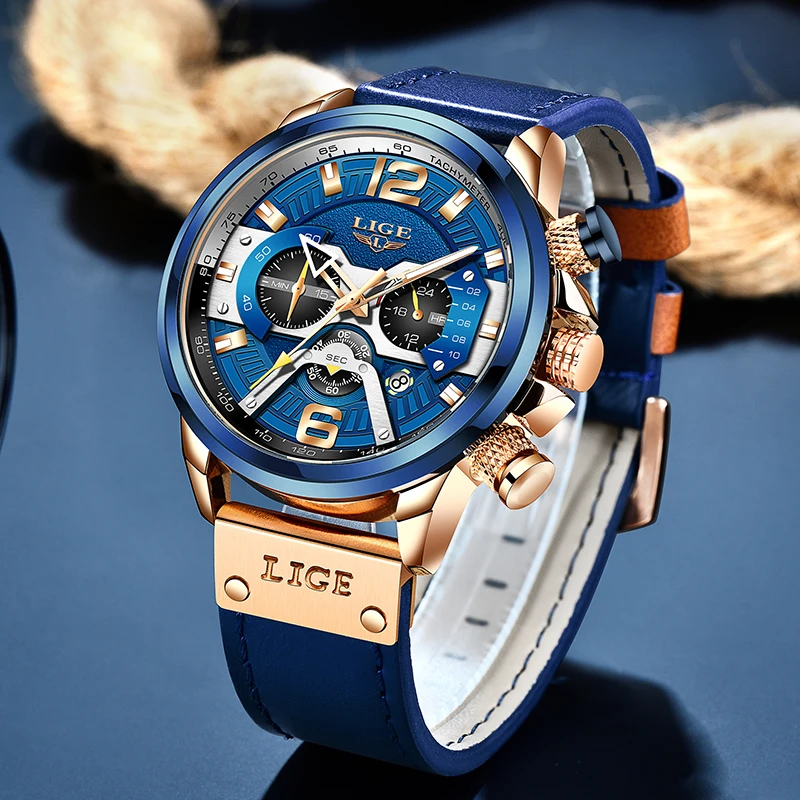 LIGE Man Watch Brand Luxury Leather Chronograph Casual Sport Watches Men Fashion Date Waterproof Luminous Clock Reloj Hombre+Box