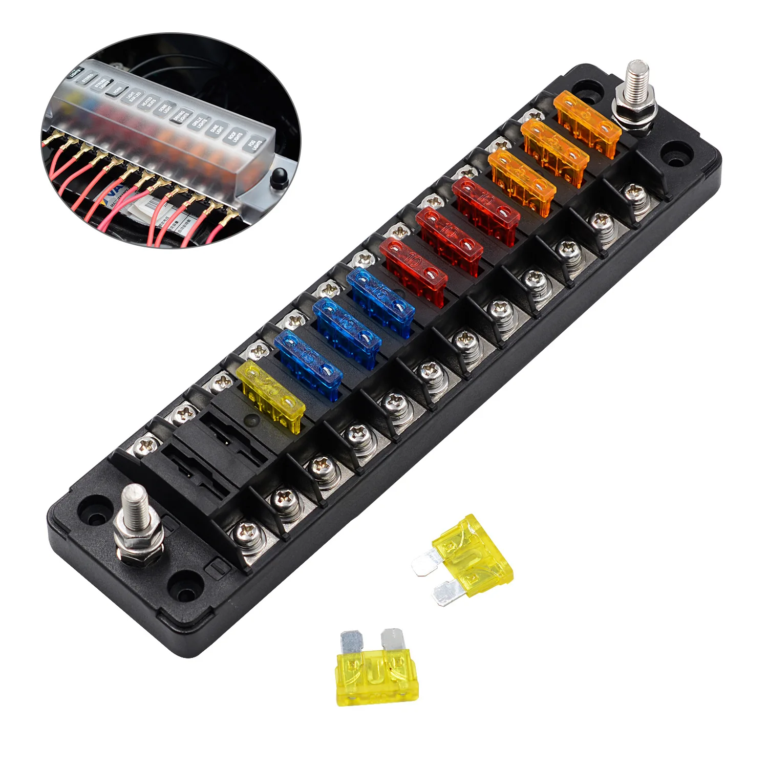 

12 Ways 32V Fuse box Holder M5 Stud With LED Indicator Light 12in 12out PC waterproof dust cover for Auto Car Boat Marine Trike