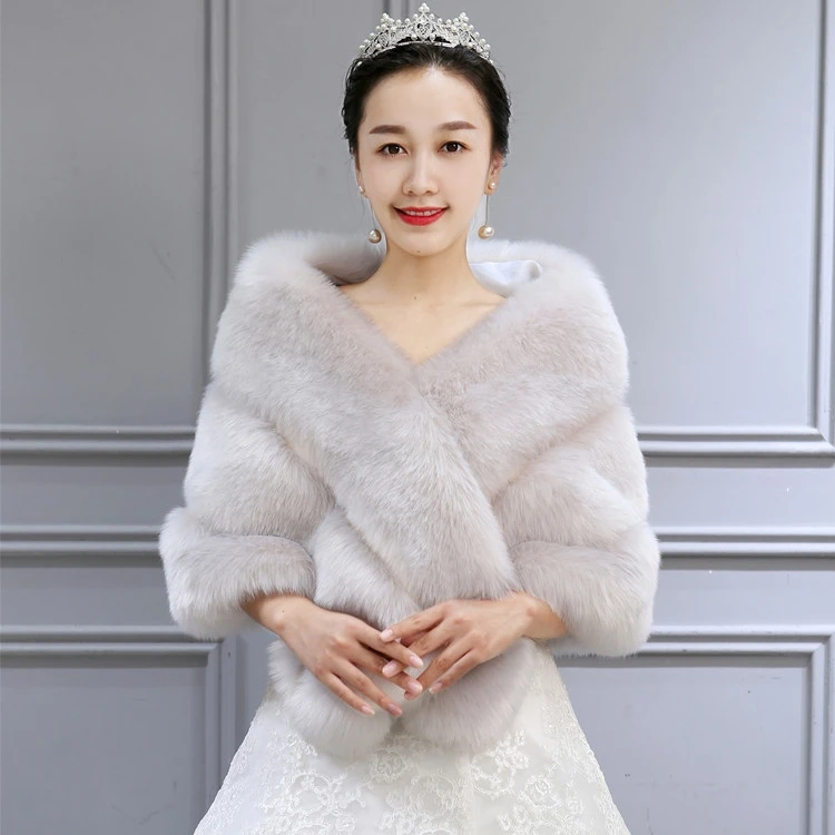 Best Seller White Grey Women's Bolero Warm Faux Fur Coat Wedding Bride Wrap Wine Red Feather Robe