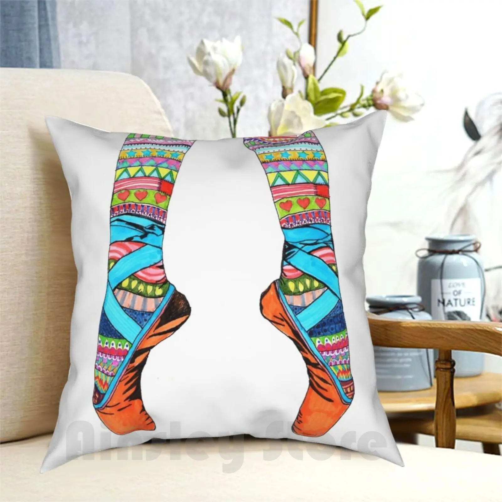 Happy Ballet Pillow Case Printed Home Soft Throw Pillow Hand Drawn Colourful Ballet Shoes Legs Stockings Stripes Doodle