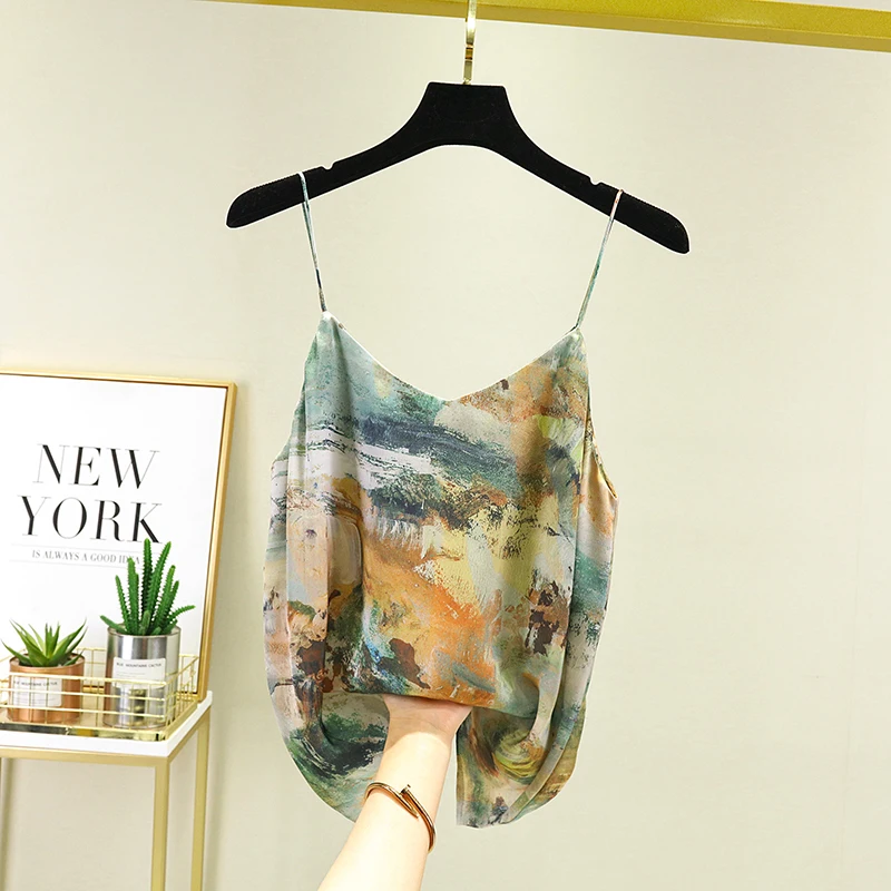 Oil Painting Spaghetti Strap Silk Satin Printed Halter Vest Women Design V-neck Bottom Ultra Wear Tank Top Summer Lingerie