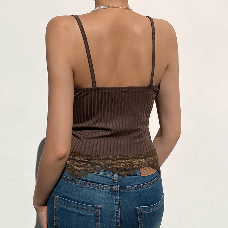 Goth Aesthetic Lace Patchwork Tank Tops For Women Sexy V-Neck Brown Retro Crop Tops Summer y2k Fashion Casual Camisole