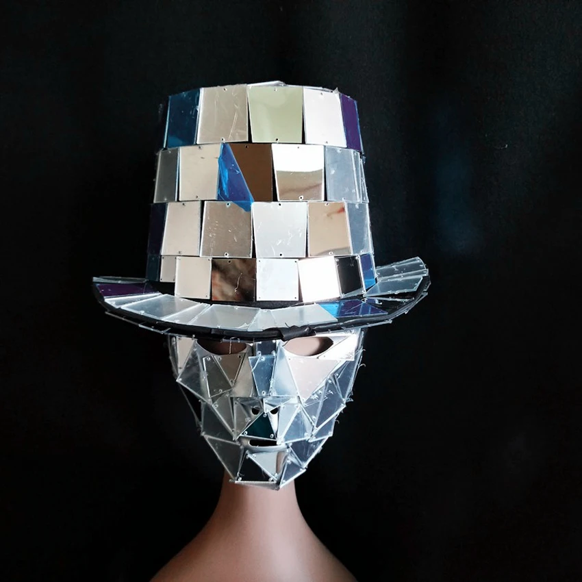 

silver sequin hat mask Bar GOGO props performance hat Cosplay party mirror man dance cap and masks