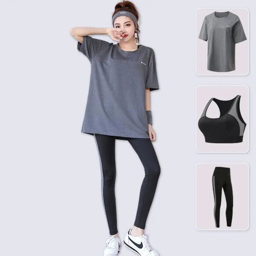 Women Yoga Sets Loose T Shirt+Bra+Long Leggings Quick Dry Fitness Gym Suits Workout Running Sportswear Clothing Breathable Sets
