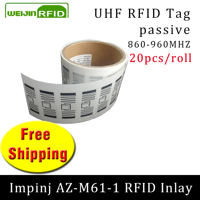 

UHF RFID tag sticker Impinj M61-1 wet inlay 915mhz868mhz 860-960MHZ MR6-P EPC 6C 20pcs free shipping adhesive passive RFID label