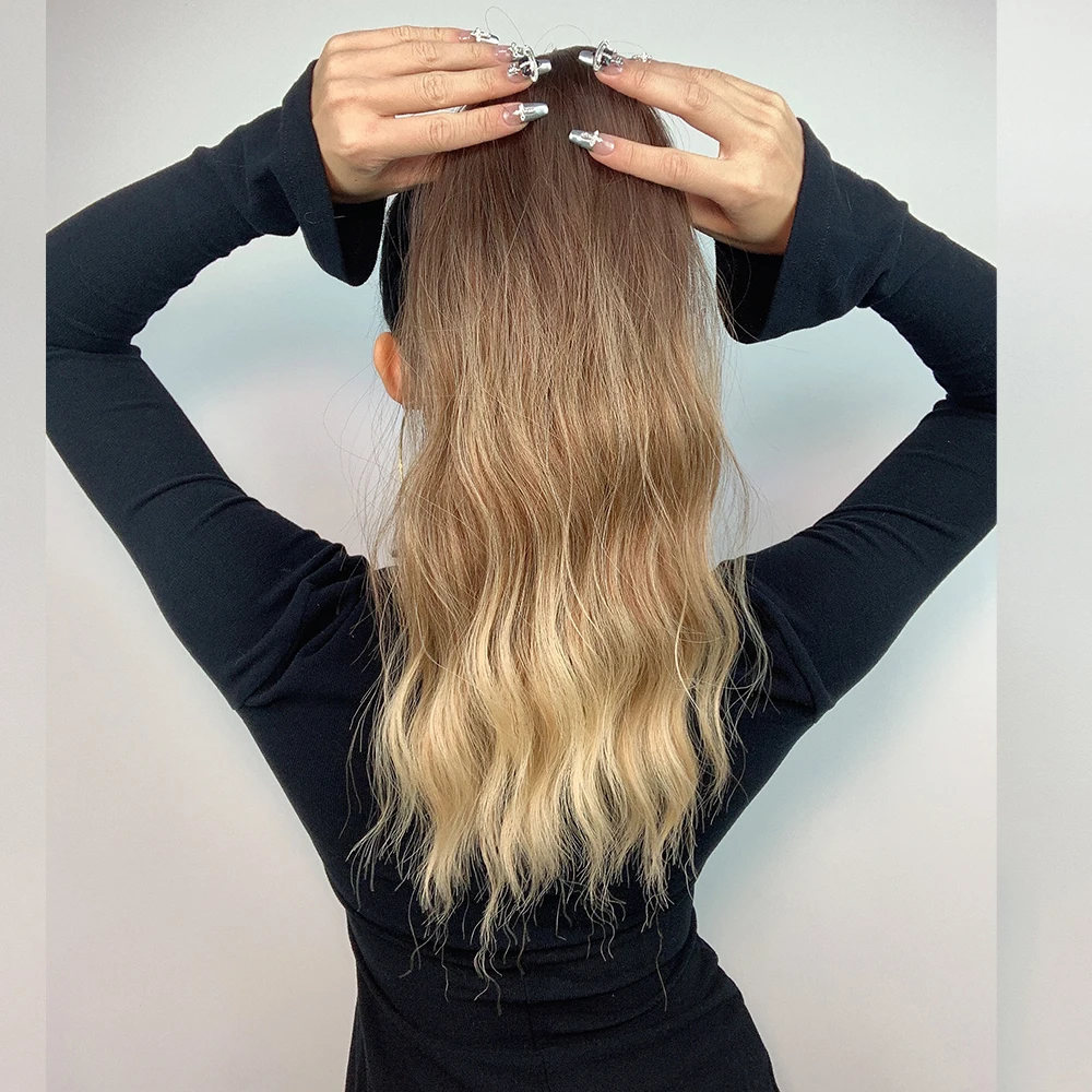 LOUIS FERRE 16 Inches Long Natural Wave Ponytail Extension Hair Wig Ombre Honey Brown Blonde Synthetic Wrap Around Clip Ponytail