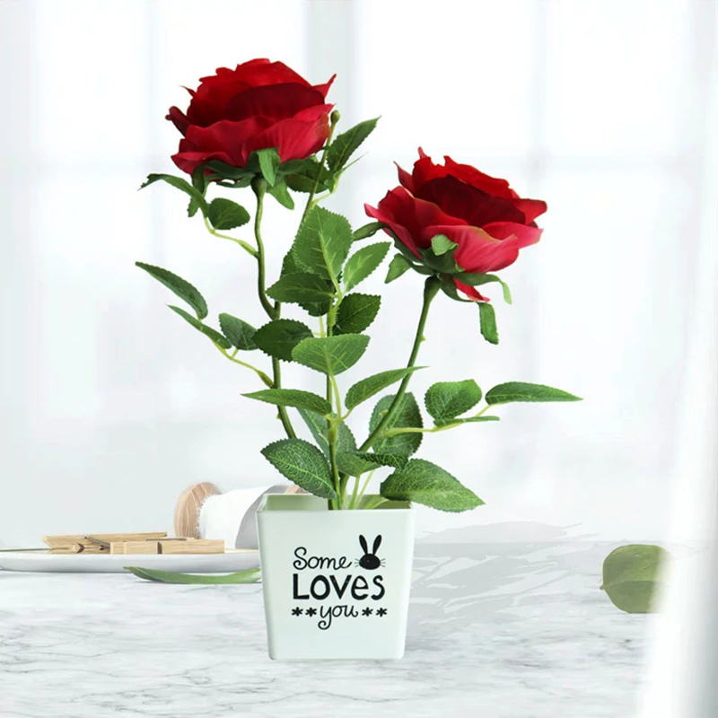 

Simulation 2 Heads Rose Silk Flowers with Plastic Flower Pot for Home Table Decorative Wedding Mall Fake Flores Potted Plants