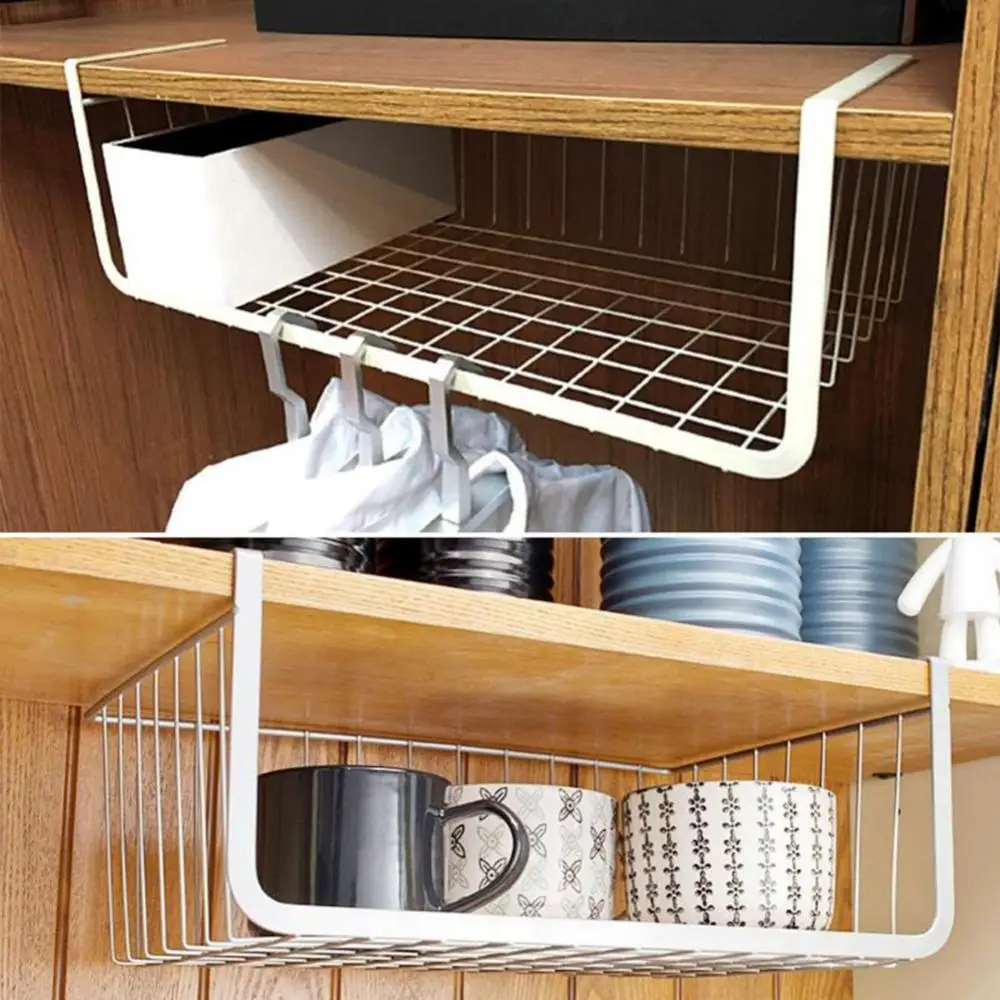 1pc S/L Cupboard Hanging Under Shelf Storage Iron Cabinet Closet Desk Hanging Mesh Basket Wire Bookcase Shelf Rack Organizer