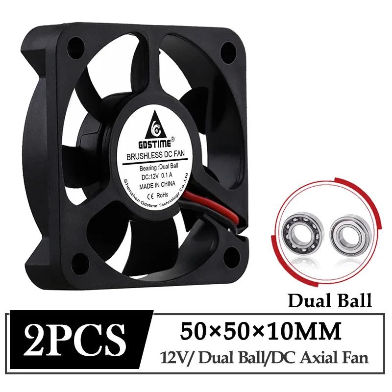 

2Pcs Gdstime 12V 50X50X10mm 50mm Dual Ball Bearing Mini Brushless DC Cooling Fan 5cm 50mmx10mm Industrial Box Cooler