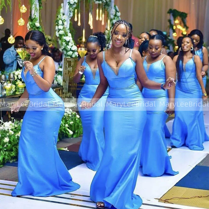 Blue Mermaid Bridesmaid Dresses Spaghetti Strap Sleeveless African Women Long Bridal Party Dress Formal Robe De Soiree Femme