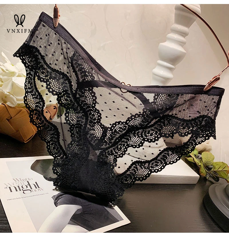 Sexy lace trim panties women see-through mesh low-waist seamless ultra-thin hollow panties 100% cotton antibacterial bottom pant