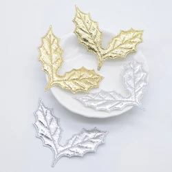 50Pcs Gold and Silver Cloth Holly Leaves Appliques for DIY Christmas Hat Clothes Sewing Patches Decor Scrapbook Craft Decorative