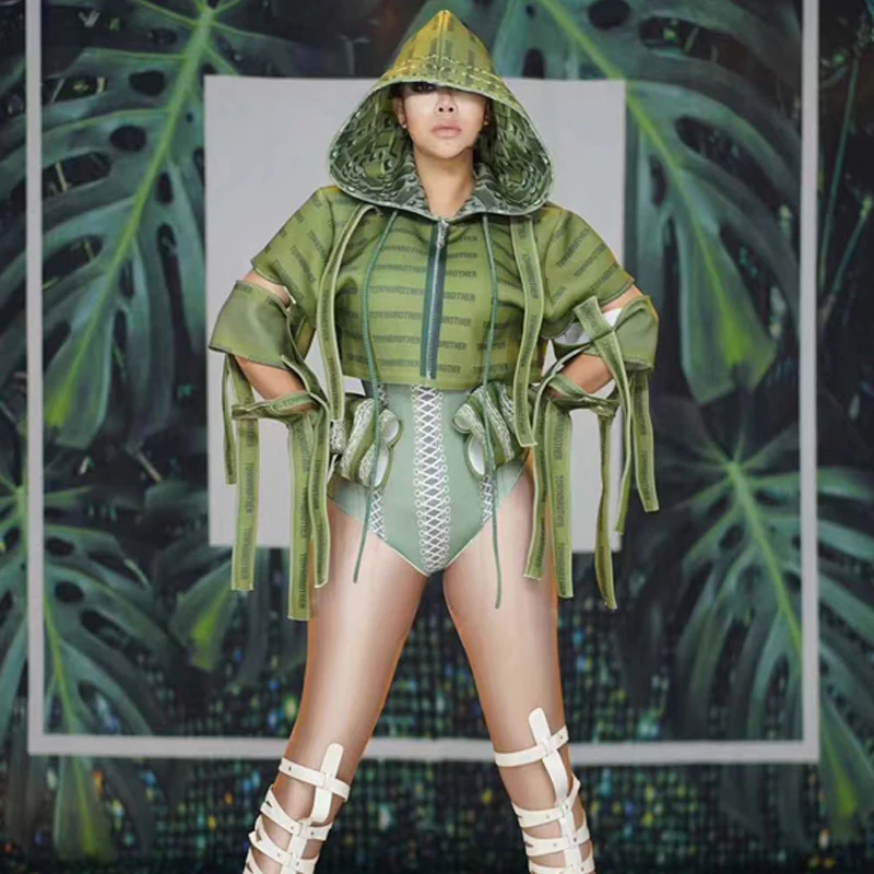 

Nightclub Rompers Womens Jumpsuit New National Day Festival Party Green Army Style Stage Wear African Dresses For Women VDB995