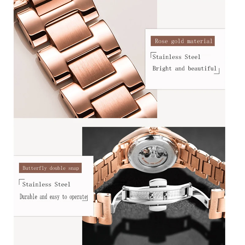 Carnival Brand Luxury Rose Gold Stainless Steel Ceramics Strap Mechanical Watches Women Fashion Diamond  Luminous Skeleton Watch