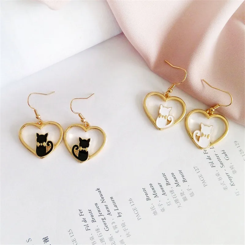 Fashion Cartoon Animals Cat Heart Dangle Earrings For Women Jewelry Accessories Female Trendy