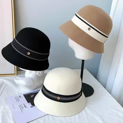 2024New Female Bucket Hat Winter Wool Vintage Elegant Womens Fedoras Felt Hats Fashion French Bowler Sombrero Wool Hat Headwear