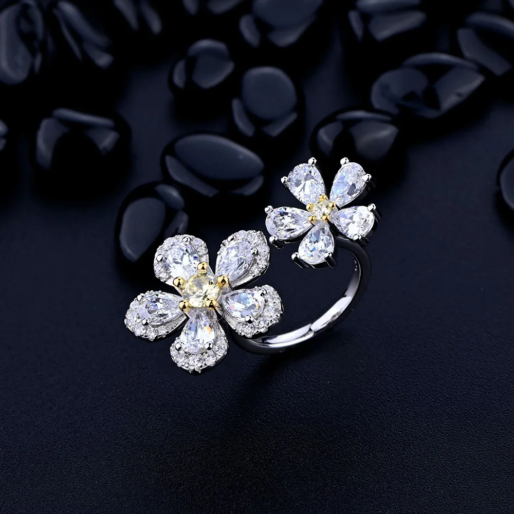 Trendy 925 Sterling Silver Pave Carbon Diamond Flower Opened Ring for Women Fine S925 Jewelry Temperament Finger Ring INS Party