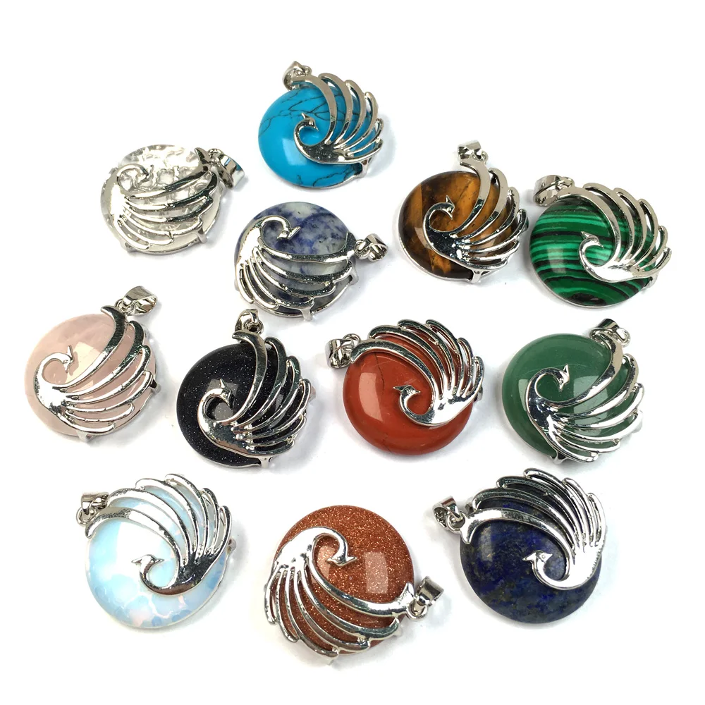 Natural Stone Crystal Round Pendant Phoenix Surround Charms Pendants for Jewelry Making DIY Necklace Accessories Reiki 25x30mm