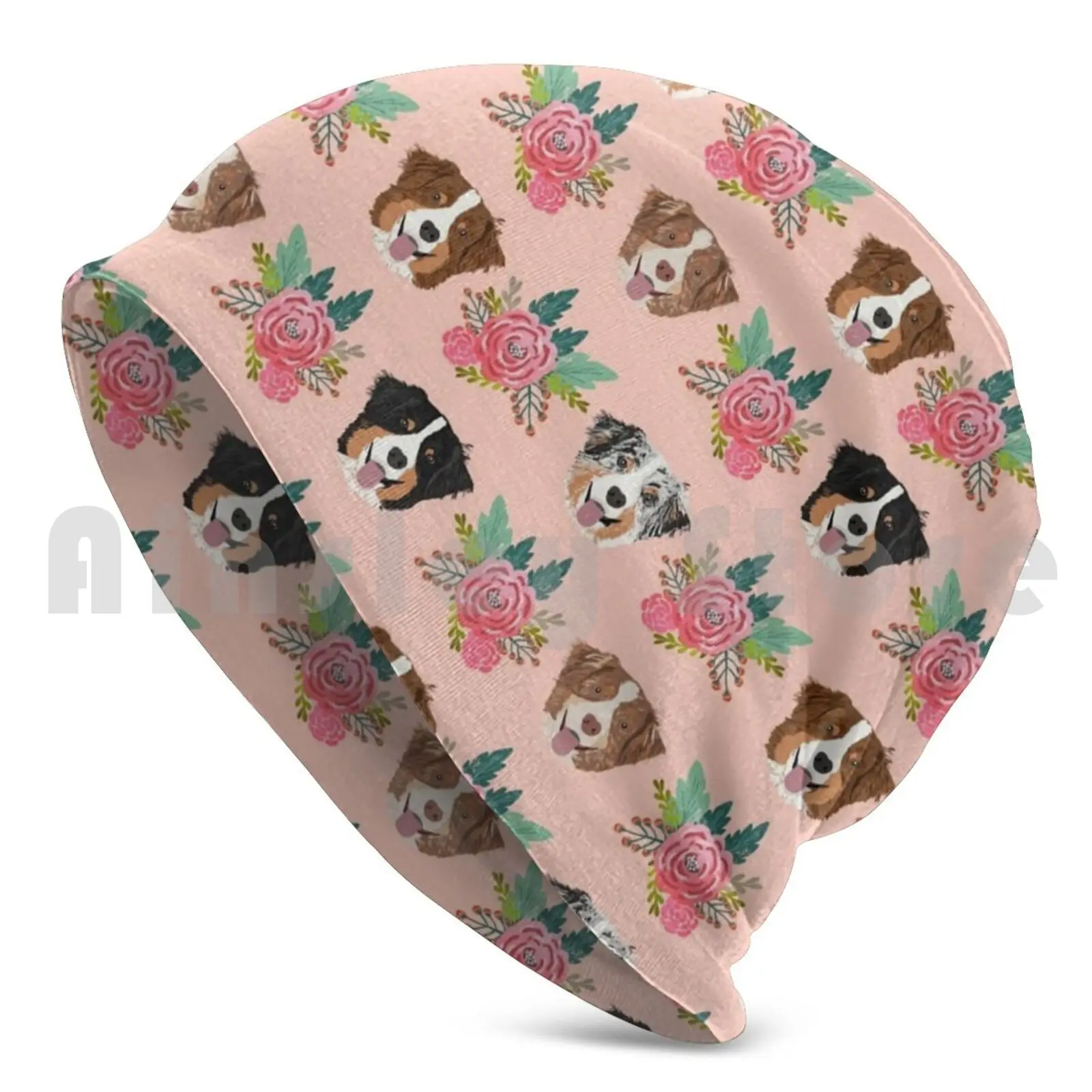 Australian Shepherd Faces Pattern Pink Cute Dogs-Pink Florals Beanies Pullover Cap Comfortable Aussie Dog