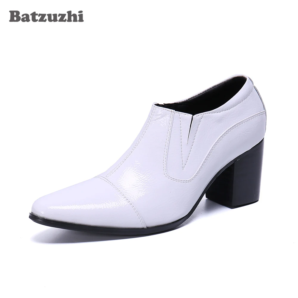 

Batzuzhi Pointed Toe Formal Leather Ankle Boots Men White Leather Ankle Boots White Wedding Boots Men Party with 7cm High Heels!