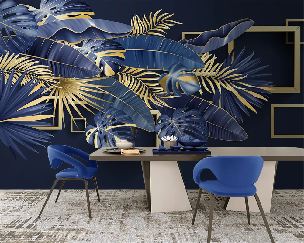 

beibehang papel de parede Custom modern Nordic tropical plants light luxury lapis lazuli blue background wallpaper papier peint
