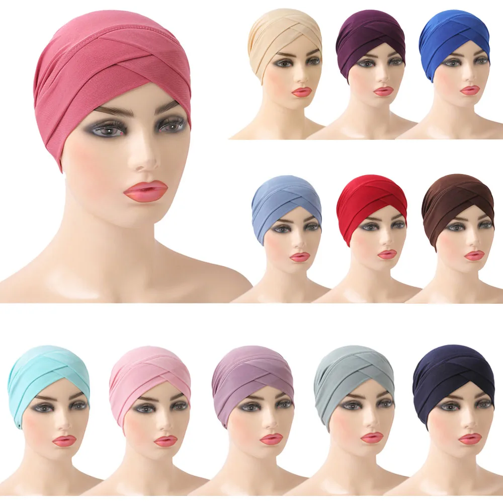 Muslim Women Hijab Turban Solid Color Chmeo Cap Hat Islamic Head Scarf Wrap Arab Beanie Bonnet Hair Loss Cover Stretch Headscarf