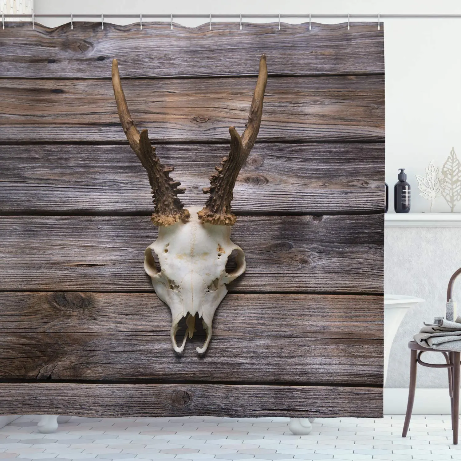 Antlers Shower Curtain Rustic Antler on Wooden Wall Wintertime Mountain Hut Country Style Rustic Design Bathroom Decor Set