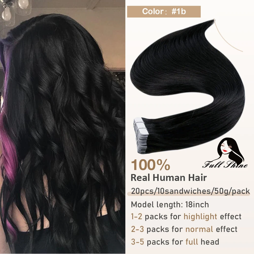 Full Shine Tape In Echthaarverlängerungen, schwarze Frauen, 100 % echtes Remy-Echthaar, Hautschuss, selbstklebender Kleber für Salon, hohe Qualität