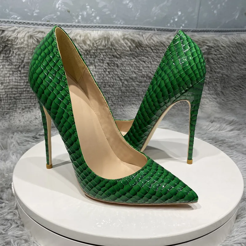 Tikicup Green Crocodile Effect Women Sexy Pointy Toe High Heel Party Dress Shoes 8cm 10cm 12cm Slip On Stilettos Pumps Plus Size